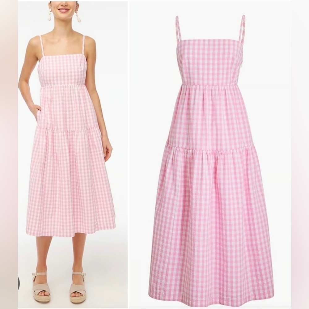 J.Crew Pink Gingham Tie back Sleeveless Midi Dress with Tiered Skirt Size 8 - Picture 2 of 5